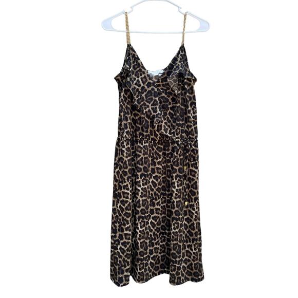 MICHAEL Michael Kors Wrap Dress Gold Chain Straps Animal Print Ruffle Women Larg - Picture 1 of 5